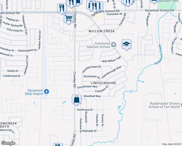 map of restaurants, bars, coffee shops, grocery stores, and more near 9005 Wessex Court in Fort Worth