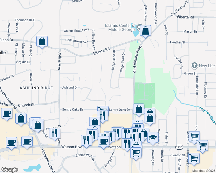 map of restaurants, bars, coffee shops, grocery stores, and more near 228 Ridge Bend Drive in Centerville