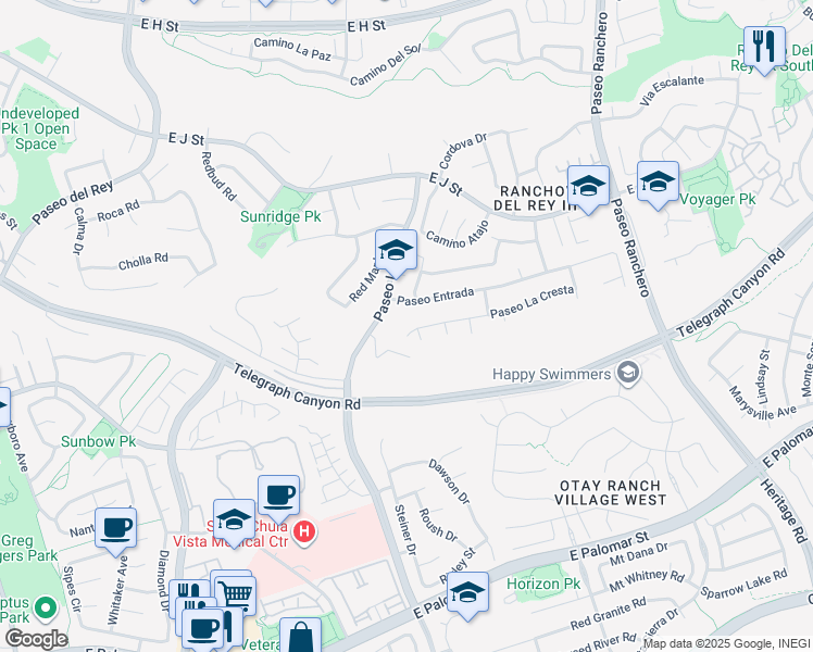map of restaurants, bars, coffee shops, grocery stores, and more near 933 Paseo La Cresta in Chula Vista