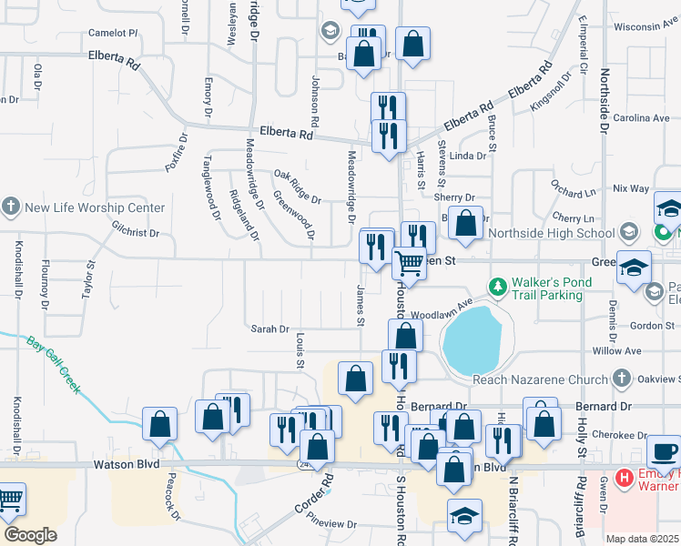 map of restaurants, bars, coffee shops, grocery stores, and more near 1501 Green Street in Warner Robins