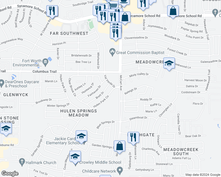 map of restaurants, bars, coffee shops, grocery stores, and more near 3610 Hulen Park Circle in Fort Worth