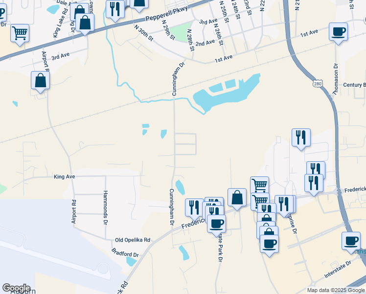map of restaurants, bars, coffee shops, grocery stores, and more near 2709 Youngwood Lane in Opelika