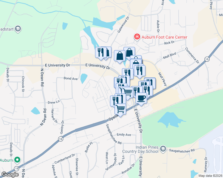 map of restaurants, bars, coffee shops, grocery stores, and more near 1124 Runningvine Lane in Auburn