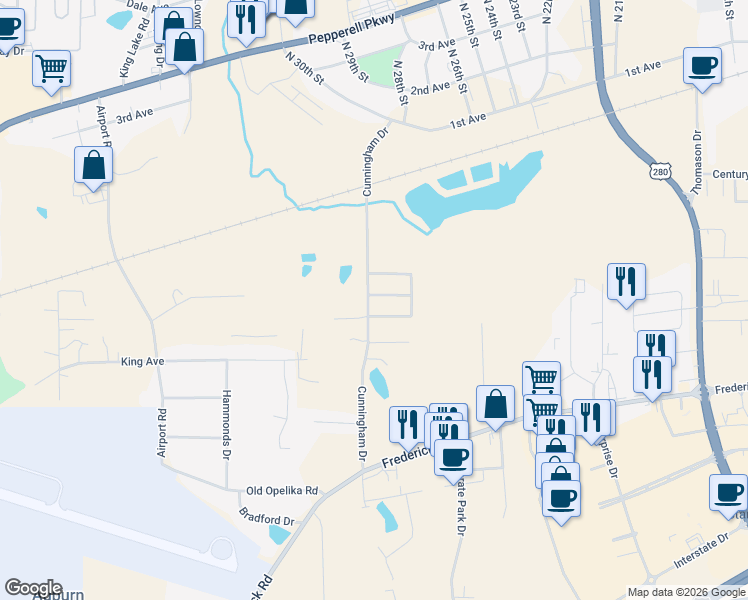 map of restaurants, bars, coffee shops, grocery stores, and more near 2710 Youngwood Lane in Opelika