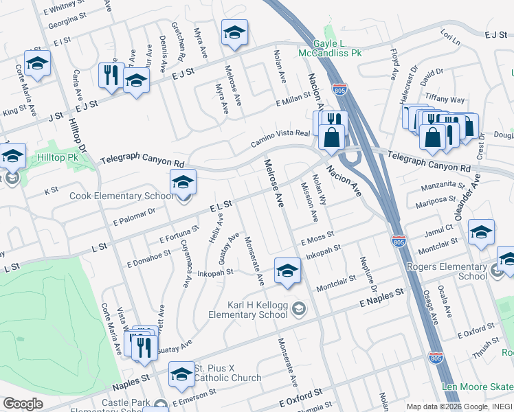 map of restaurants, bars, coffee shops, grocery stores, and more near 897 Myra Avenue in Chula Vista