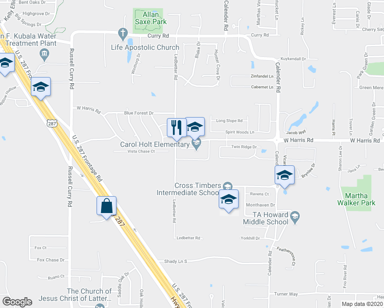 map of restaurants, bars, coffee shops, grocery stores, and more near 7321 Ledbetter Road in Arlington