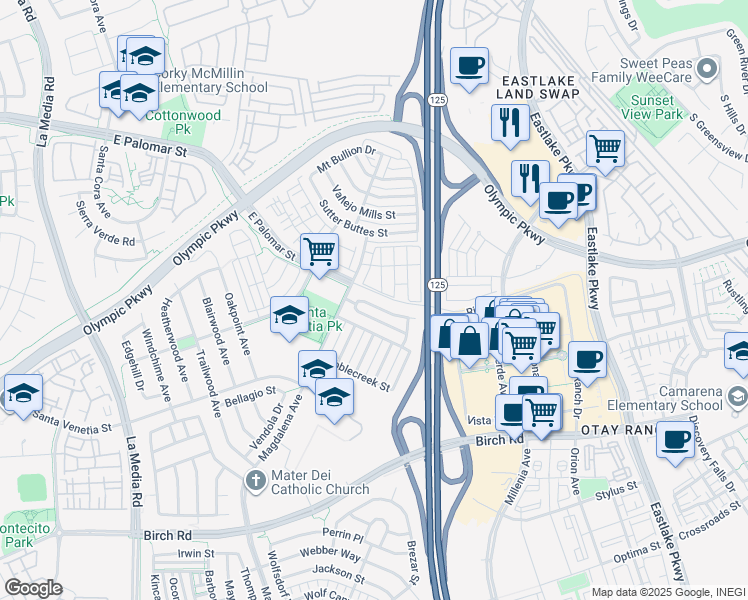 map of restaurants, bars, coffee shops, grocery stores, and more near 1893 Caminito Treviana in Chula Vista