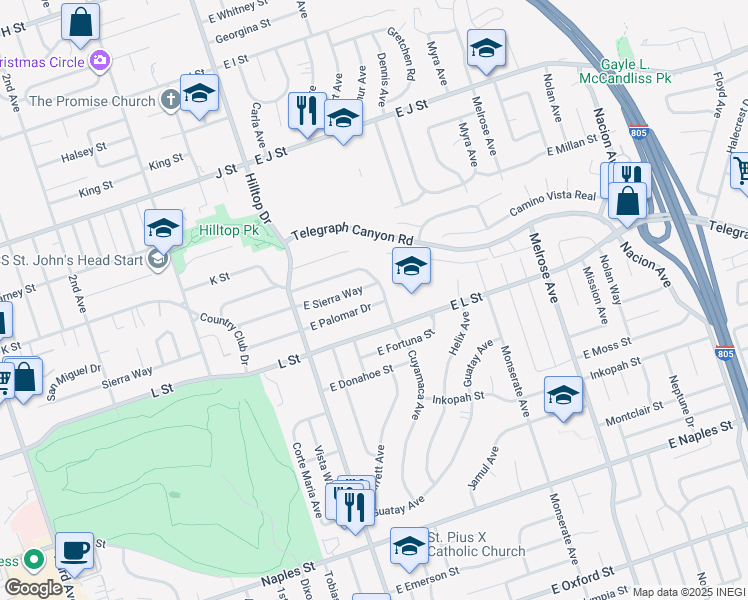 map of restaurants, bars, coffee shops, grocery stores, and more near 81 East Sierra Way in Chula Vista
