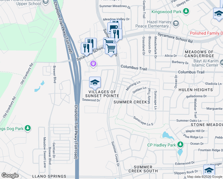 map of restaurants, bars, coffee shops, grocery stores, and more near 8005 Branch Hollow Trail in Fort Worth