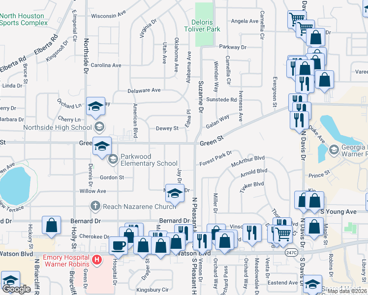 map of restaurants, bars, coffee shops, grocery stores, and more near 700 Green Street in Warner Robins