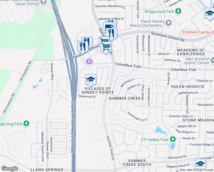 map of restaurants, bars, coffee shops, grocery stores, and more near 8005 Branch Hollow Trail in Fort Worth