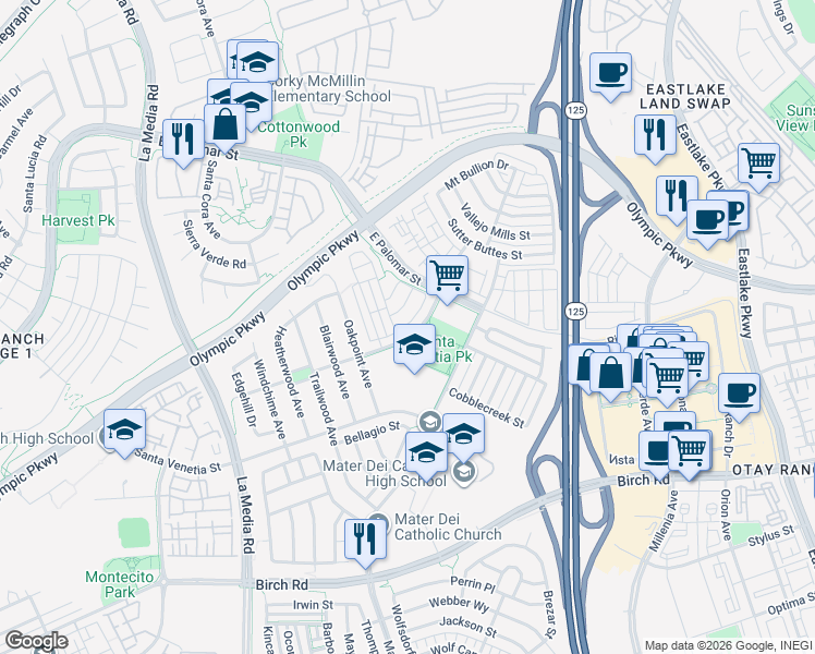map of restaurants, bars, coffee shops, grocery stores, and more near 1844 Monaco Drive in Chula Vista