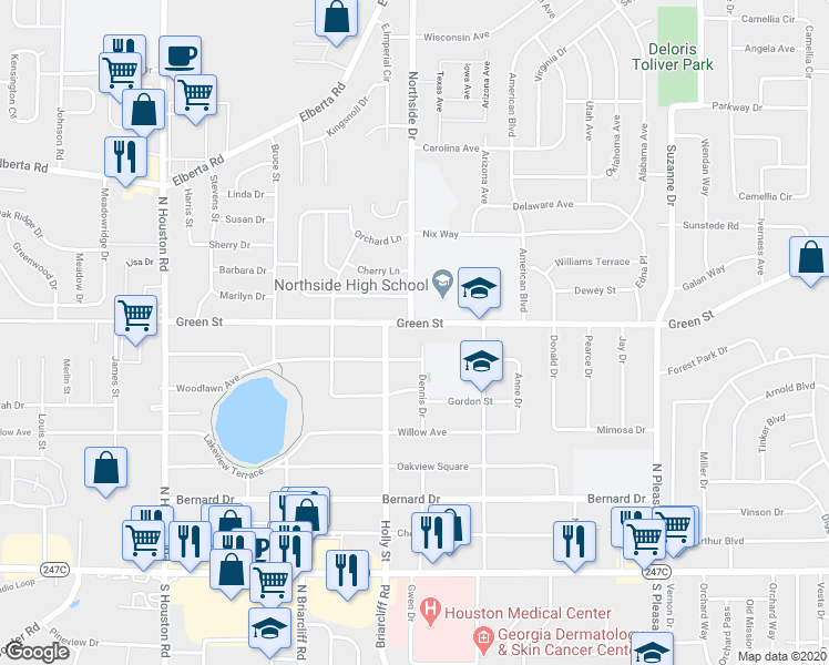map of restaurants, bars, coffee shops, grocery stores, and more near 913 Green Street in Warner Robins
