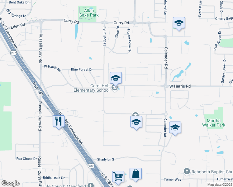 map of restaurants, bars, coffee shops, grocery stores, and more near 7321 Ledbetter Road in Arlington