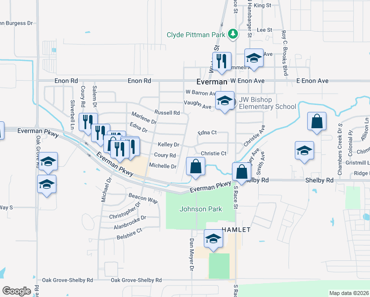 map of restaurants, bars, coffee shops, grocery stores, and more near 437 Russell Road in Everman