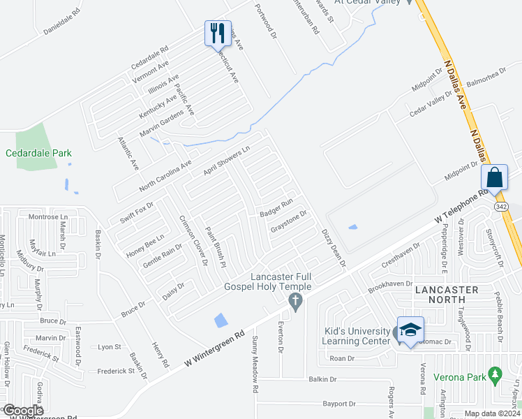 map of restaurants, bars, coffee shops, grocery stores, and more near 1045 Badger Run in Lancaster