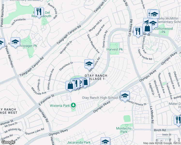 map of restaurants, bars, coffee shops, grocery stores, and more near 1450 Santa Lucia Road in Chula Vista