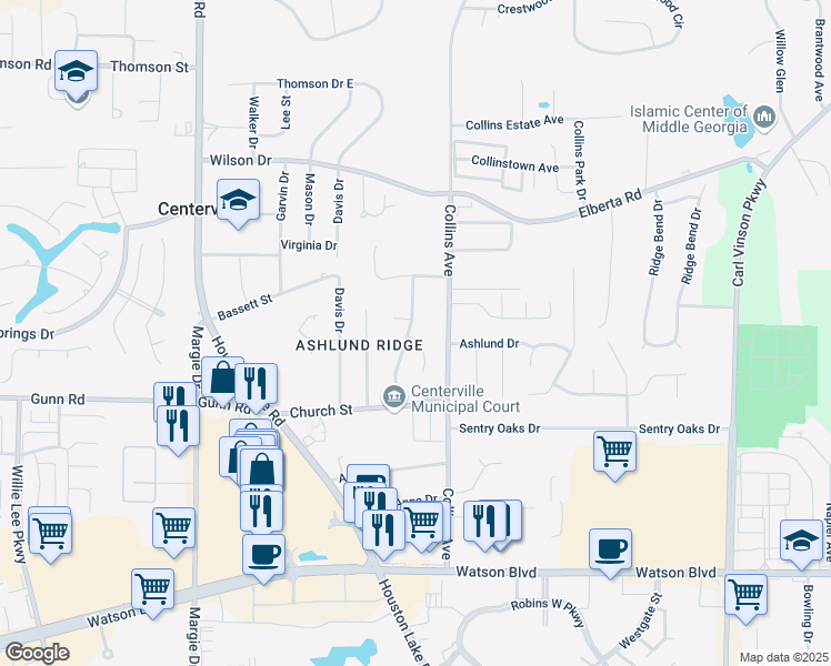 map of restaurants, bars, coffee shops, grocery stores, and more near 101 Louise Court in Centerville