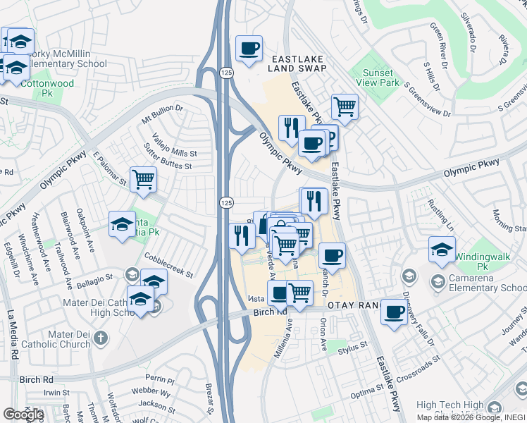 map of restaurants, bars, coffee shops, grocery stores, and more near 1455 Banahaw Way in Chula Vista
