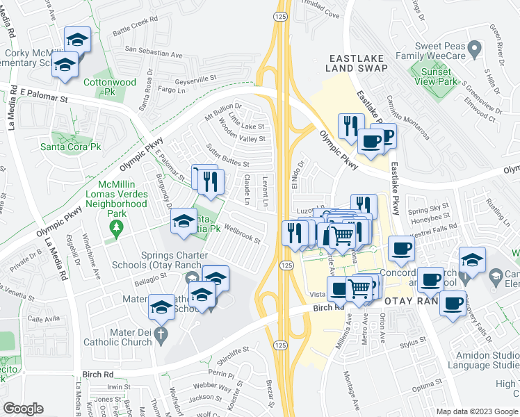 map of restaurants, bars, coffee shops, grocery stores, and more near 1458 Trouville Lane in Chula Vista