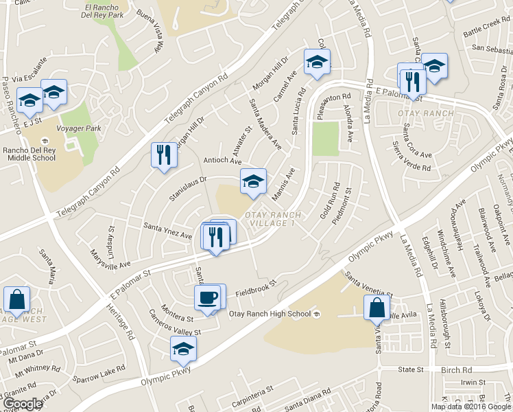 map of restaurants, bars, coffee shops, grocery stores, and more near 1450 Santa Lucia Road in Chula Vista