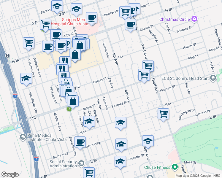 map of restaurants, bars, coffee shops, grocery stores, and more near 679 Brightwood Avenue in Chula Vista
