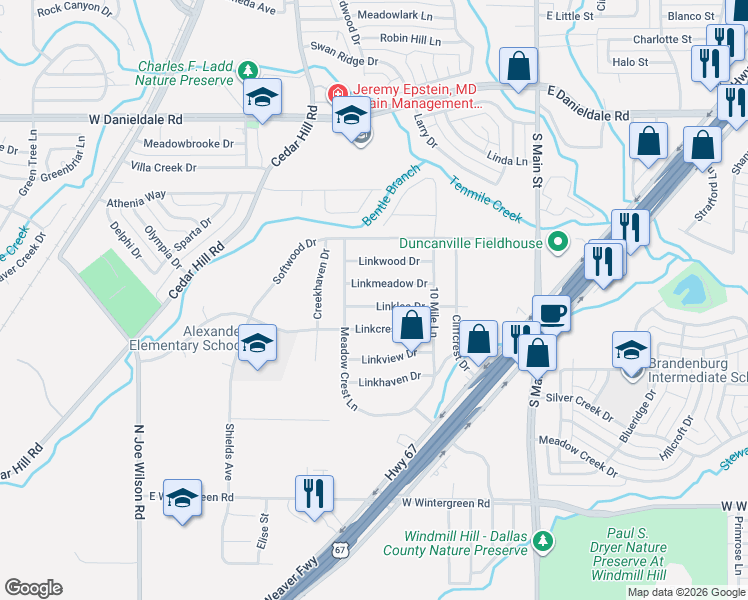 map of restaurants, bars, coffee shops, grocery stores, and more near 338 Linkmeadow Drive in Duncanville