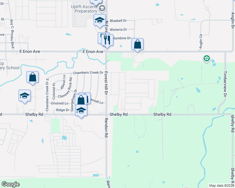 map of restaurants, bars, coffee shops, grocery stores, and more near 8305-8441 Forest Hill Drive in Fort Worth