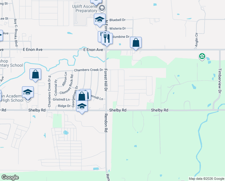 map of restaurants, bars, coffee shops, grocery stores, and more near 8305-8441 Forest Hill Drive in Fort Worth