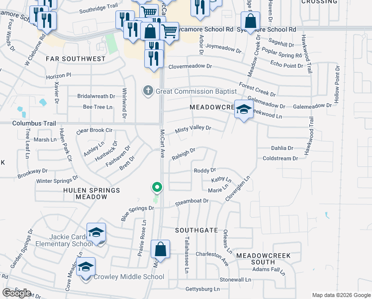 map of restaurants, bars, coffee shops, grocery stores, and more near 7913 White Water Court in Fort Worth