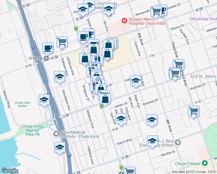 map of restaurants, bars, coffee shops, grocery stores, and more near 654 Beech Avenue in Chula Vista
