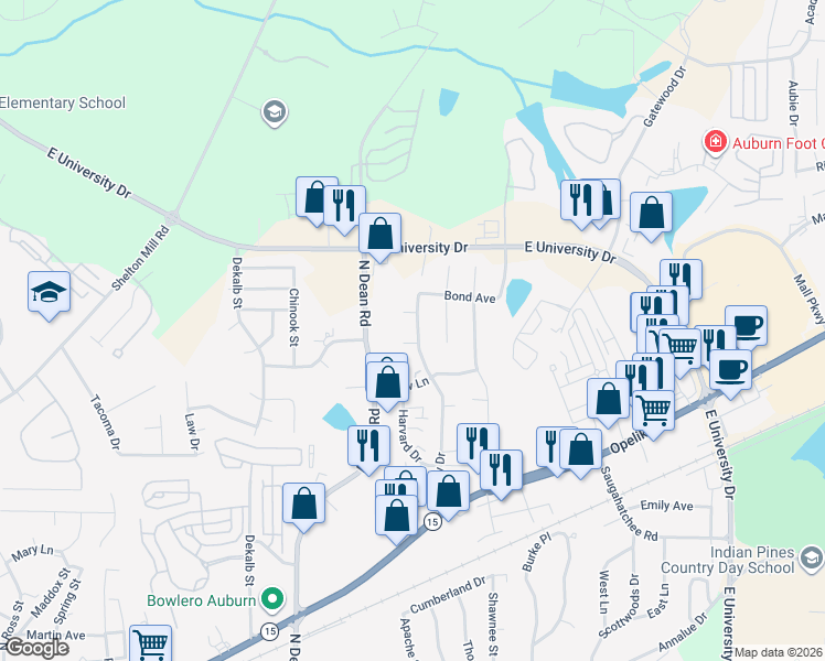 map of restaurants, bars, coffee shops, grocery stores, and more near 1140 Gentry Drive in Auburn