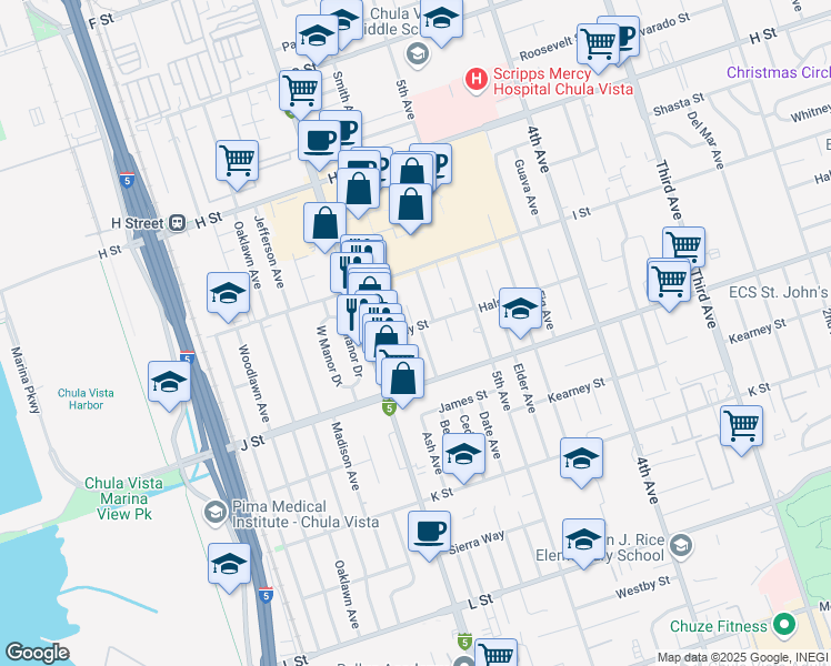 map of restaurants, bars, coffee shops, grocery stores, and more near 654 Beech Avenue in Chula Vista