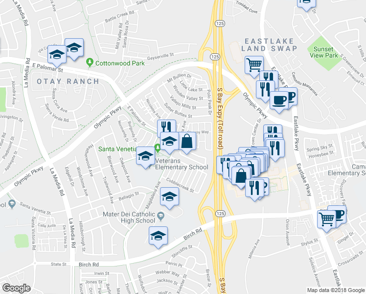 map of restaurants, bars, coffee shops, grocery stores, and more near 1901 Caminito De La Cruz in Chula Vista