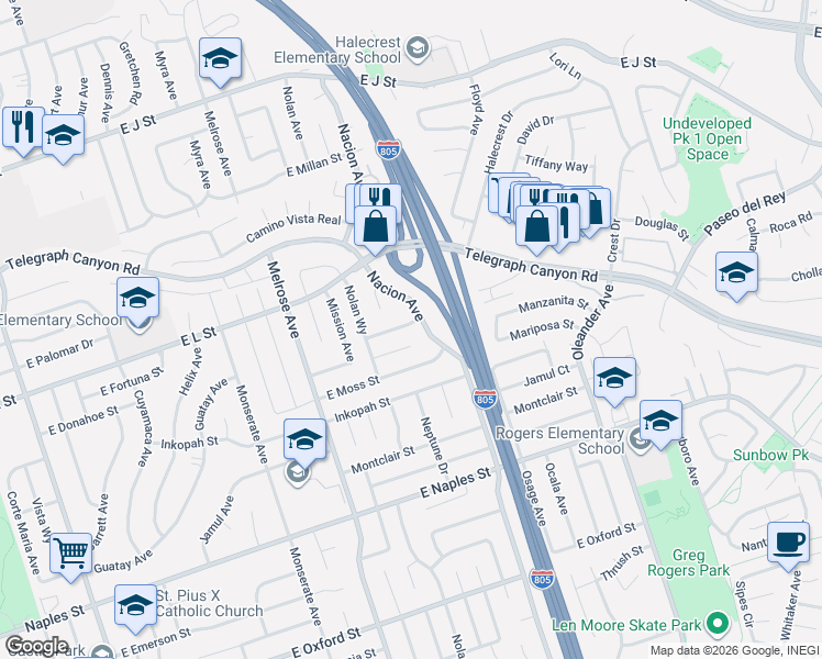 map of restaurants, bars, coffee shops, grocery stores, and more near 376 Roman Way in Chula Vista