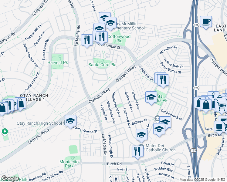 map of restaurants, bars, coffee shops, grocery stores, and more near 1404 Heatherwood Avenue in Chula Vista