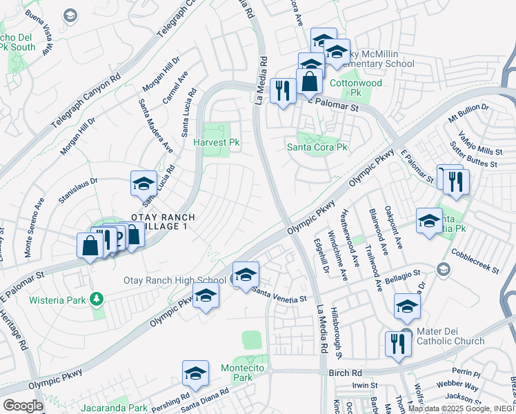 map of restaurants, bars, coffee shops, grocery stores, and more near 1613 Woodville Avenue in Chula Vista