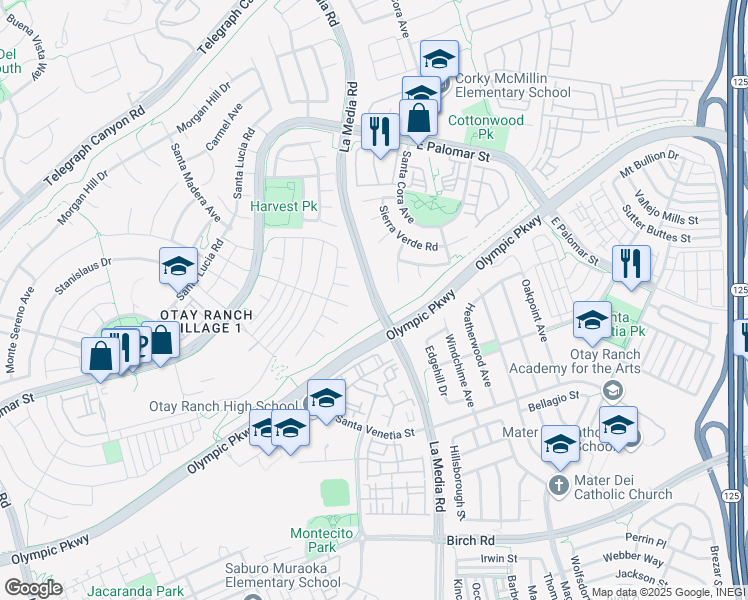 map of restaurants, bars, coffee shops, grocery stores, and more near 1760 East Palomar Street in Chula Vista