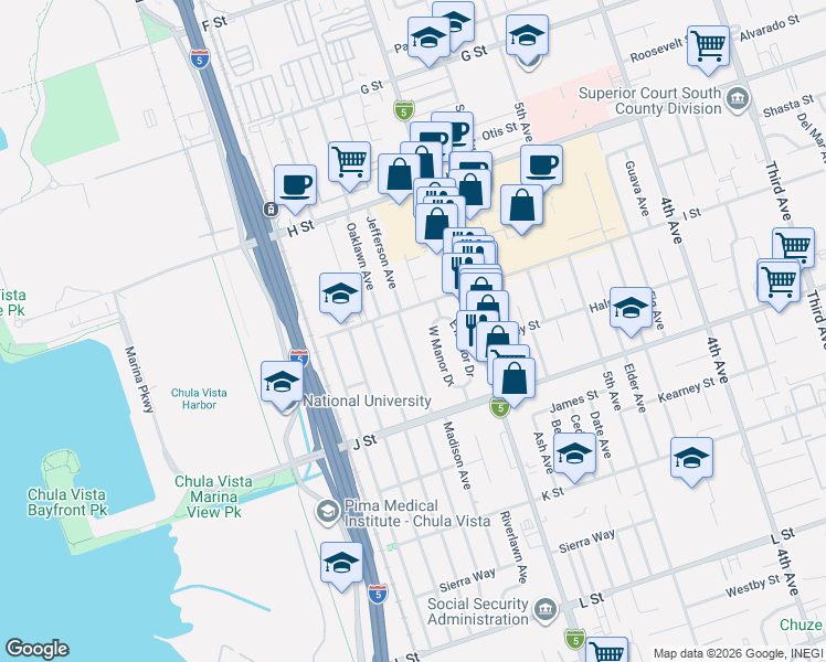 map of restaurants, bars, coffee shops, grocery stores, and more near 650 I Street in Chula Vista