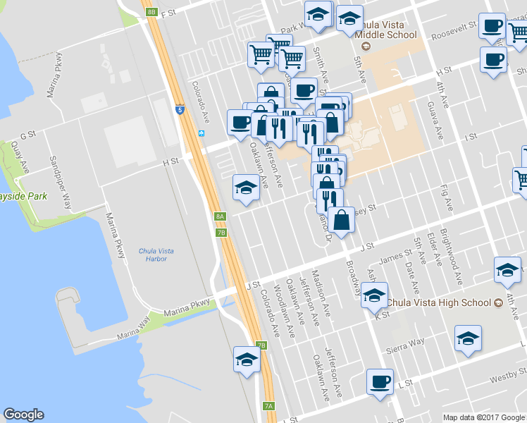 map of restaurants, bars, coffee shops, grocery stores, and more near 684 I Street in Chula Vista