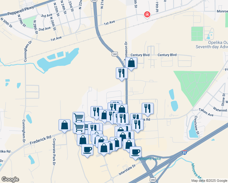 map of restaurants, bars, coffee shops, grocery stores, and more near 2118 Hamilton Place North in Opelika
