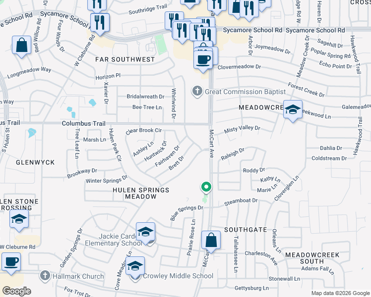 map of restaurants, bars, coffee shops, grocery stores, and more near 3613 Fairhaven in Fort Worth