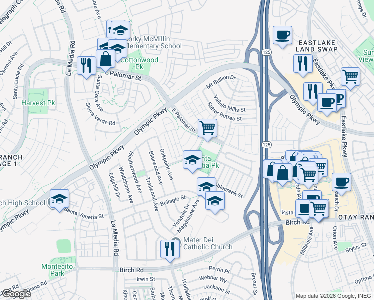 map of restaurants, bars, coffee shops, grocery stores, and more near 1845 Monaco Drive in Chula Vista