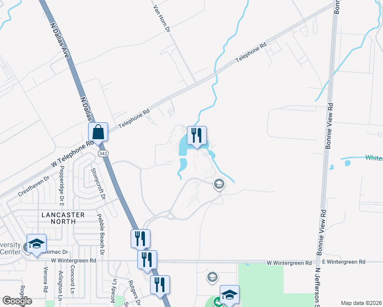 map of restaurants, bars, coffee shops, grocery stores, and more near 3030 North Dallas Avenue in Lancaster
