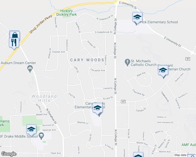 map of restaurants, bars, coffee shops, grocery stores, and more near 207 Ridgewood Court in Auburn