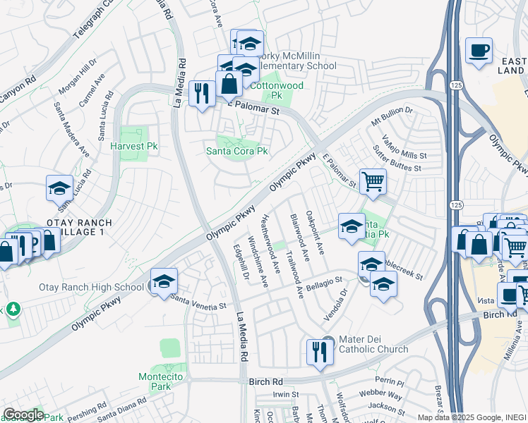 map of restaurants, bars, coffee shops, grocery stores, and more near 1404 Heatherwood Avenue in Chula Vista