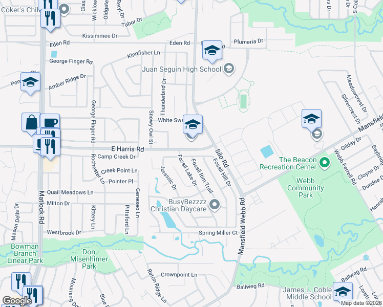 map of restaurants, bars, coffee shops, grocery stores, and more near 609 Fossil Hill Drive in Arlington
