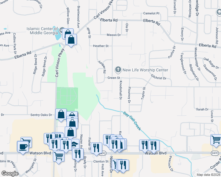 map of restaurants, bars, coffee shops, grocery stores, and more near 506 Pinecrest Road in Warner Robins
