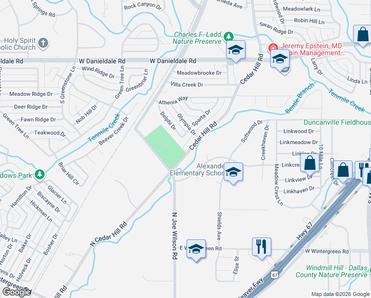 map of restaurants, bars, coffee shops, grocery stores, and more near 1733 Cedar Hill Road in Duncanville