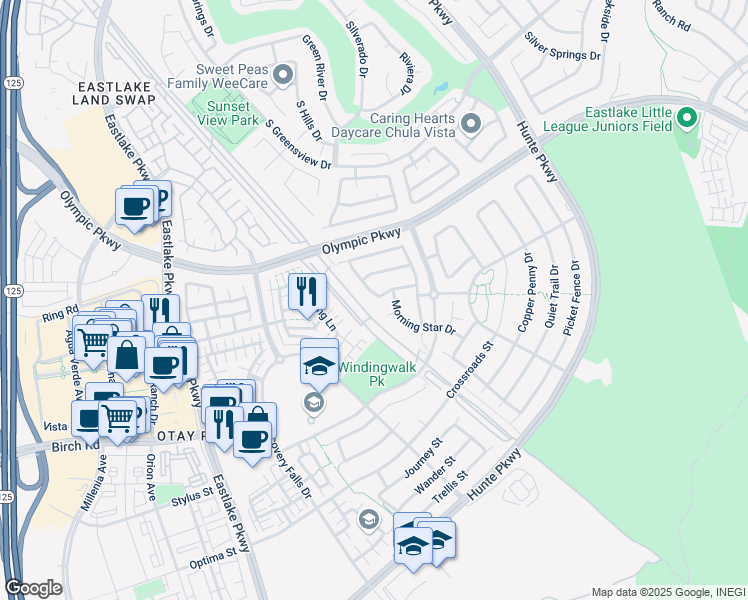 map of restaurants, bars, coffee shops, grocery stores, and more near 1586 Hopscotch Drive in Chula Vista